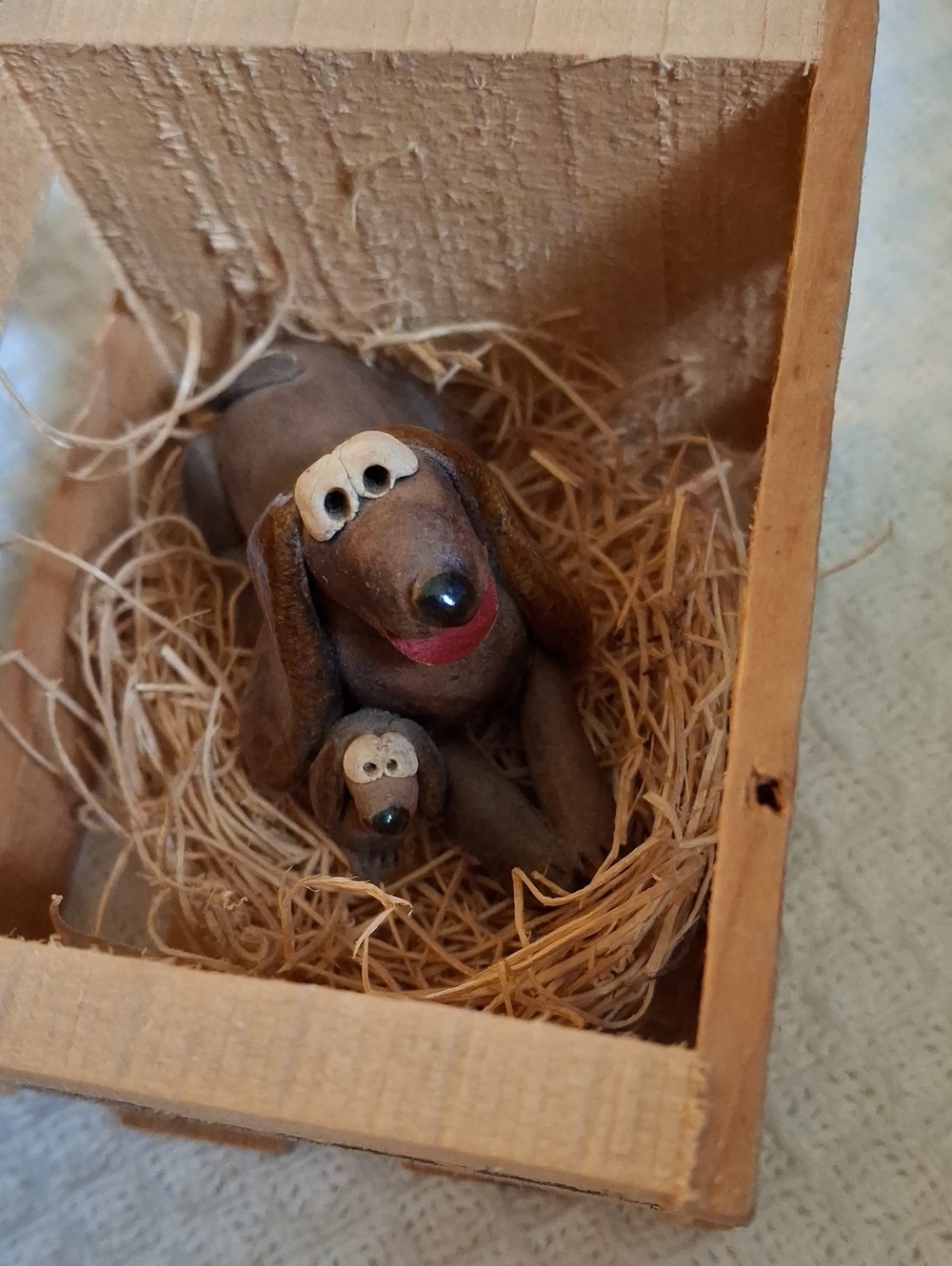 Wooden Brown Dog Figurine with Puppy - Decorative Pet Accent